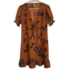 Xhilaration Stretchy Mustard/ Rust Floral Flowy Mini Dress, Small